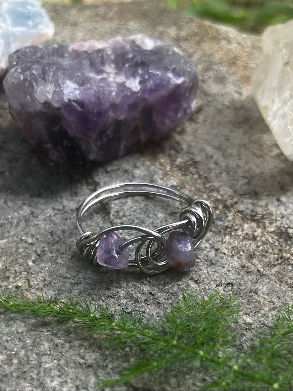 Amethyst Wire Wrapped Stainless Steel Ring Size 7.5